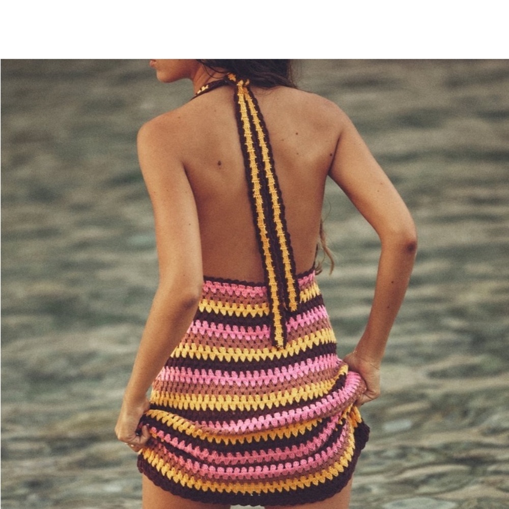 ZARA, Colourful Retro Crochet Halter Dress, with deep V-Neck Size Large - Picture 17 of 17